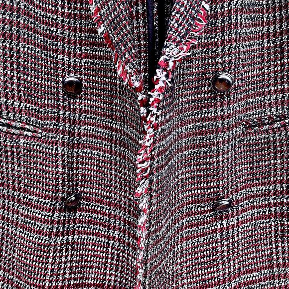 Banana Republic Boucle Long Jacket Black Red Fringe Trim Open Front Womens 10 - Picture 3 of 7